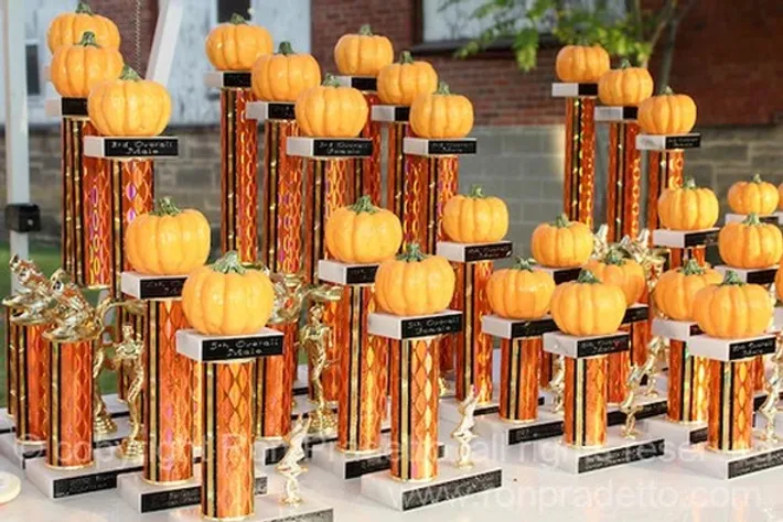 Pumpkin trophies being ready to be distributed to the winners of the Barnesville Pumpkin fest