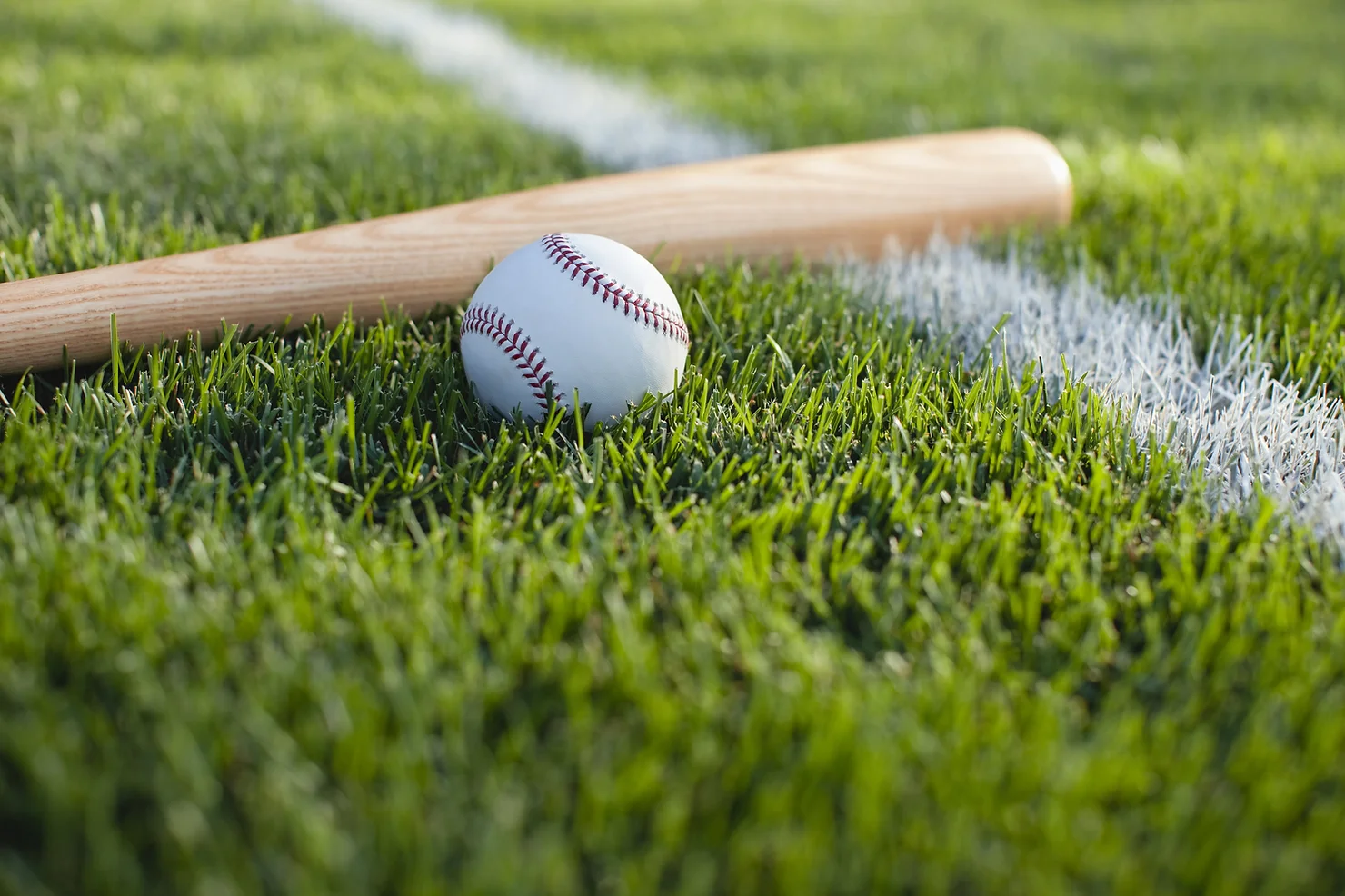 Wooden baseball bat and baseball laying on a baseball field.